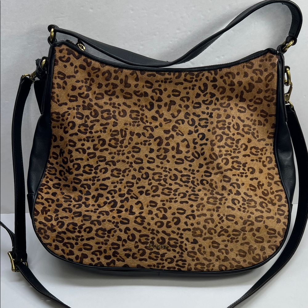 Fossil Leopard Print and Black Leather Shoulder Crossbody Bag